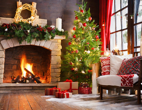 Firefly festive background with tree and fireplace 738