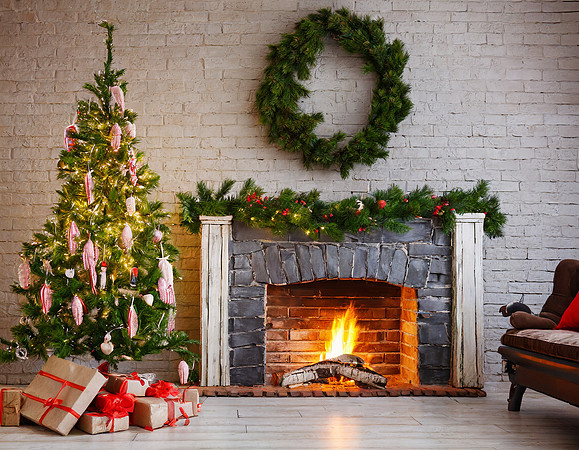 Firefly festive background with tree and fireplace 3739